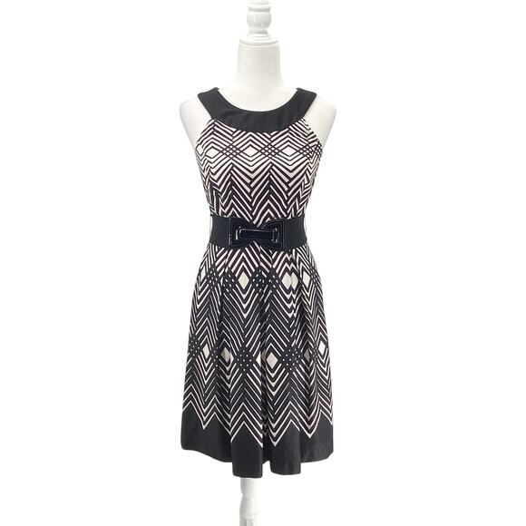 White House Black Market Fit & Flare Dress Geo Print Cotton Pockets Sleeveless 2